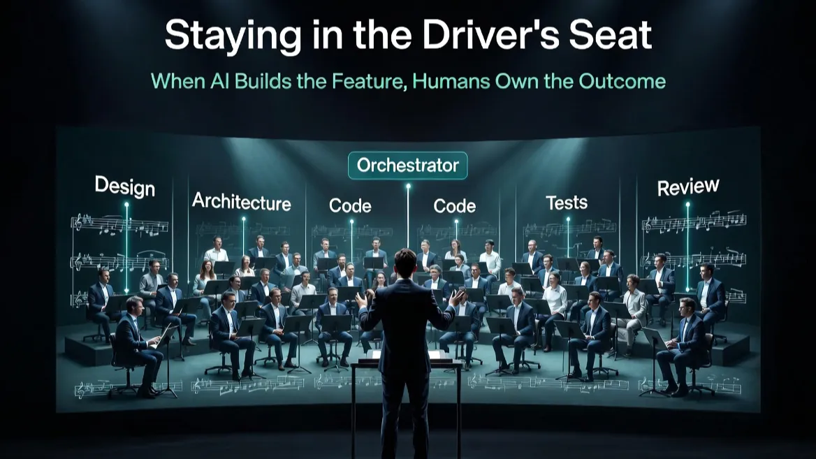 A conductor leading an orchestra, with sections labeled Design, Architecture, Code, Tests, Review, and Orchestrator, under the heading “Staying in the Driver’s Seat.”