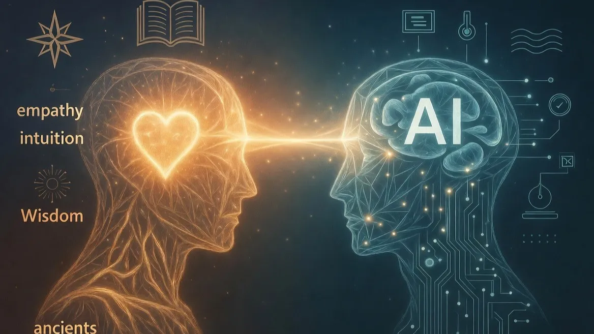 A human profile with a glowing heart facing an AI profile with circuitry, surrounded by the words empathy, intuition, and wisdom.