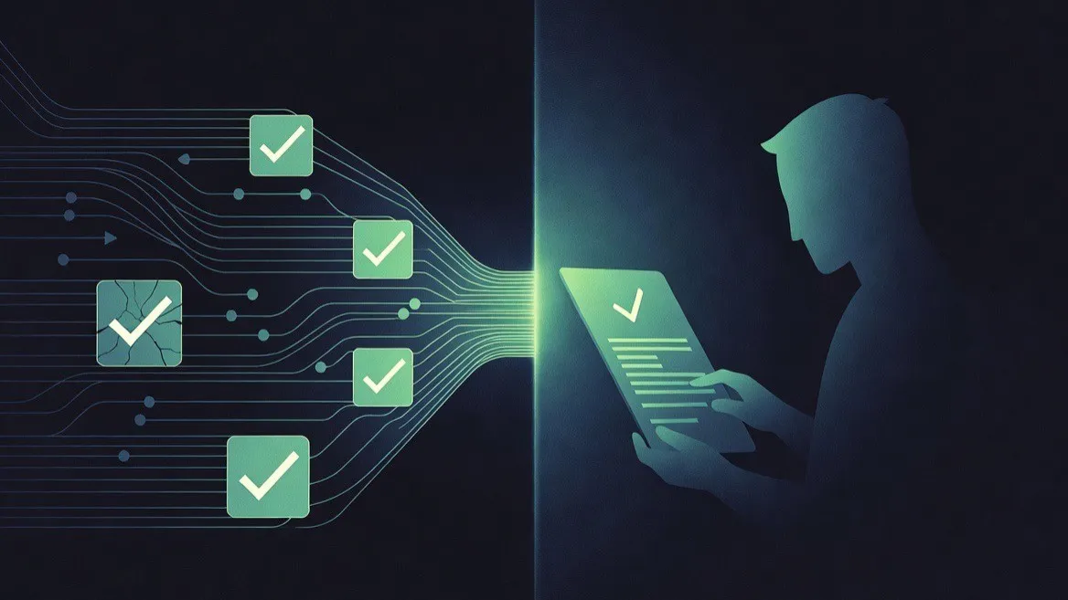 Streams of green check marks flowing toward a person reviewing a document.
