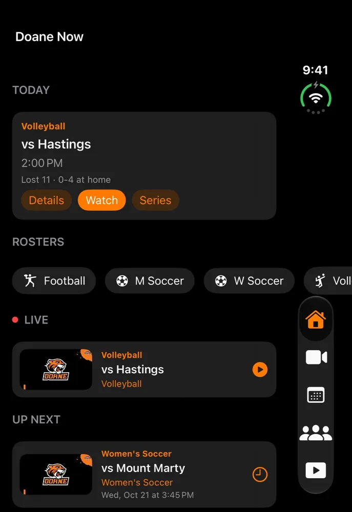 iPhone Duo Home with a side tab rail: today’s volleyball match, roster shortcuts, the live game, and games up next.