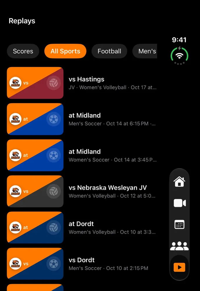 iPhone Duo Replays tab: recent broadcasts listed beside the side tab rail.