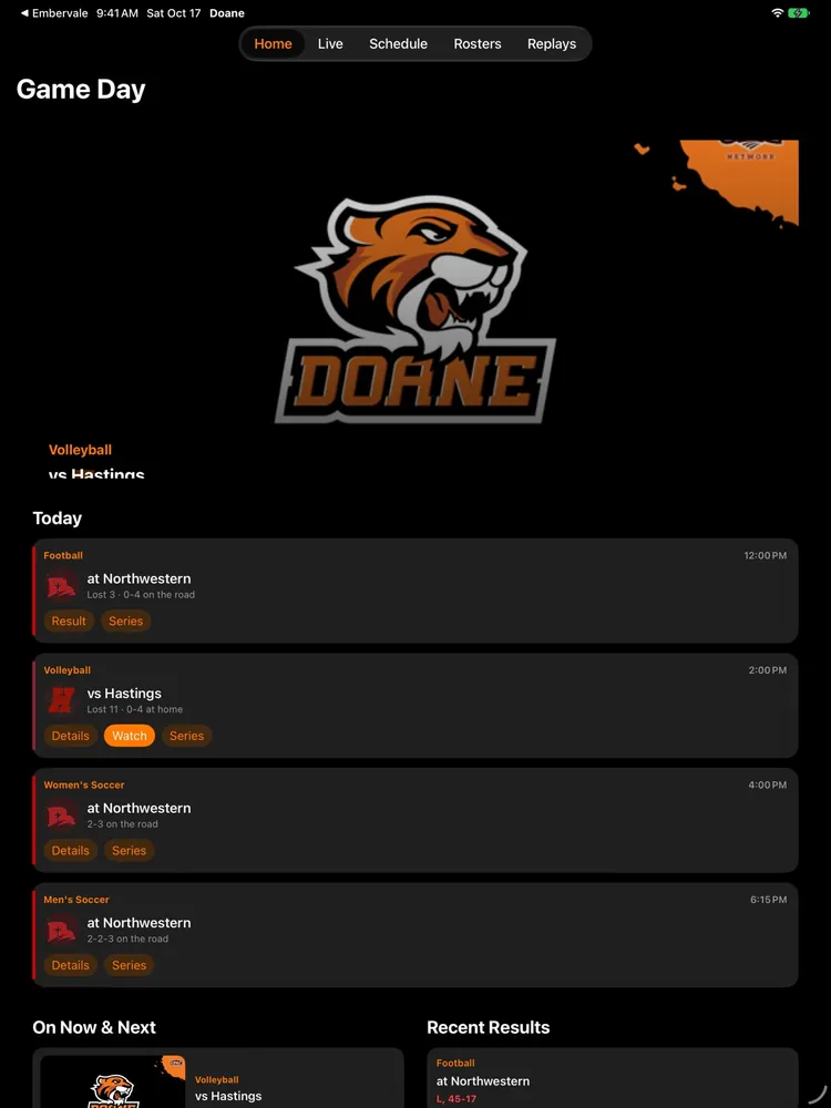 iPad Game Day home: a featured broadcast, today’s games, and On Now and Next beside Recent Results.