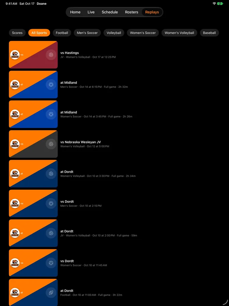 iPad Replays tab: sport filters above a long list of recent broadcasts.