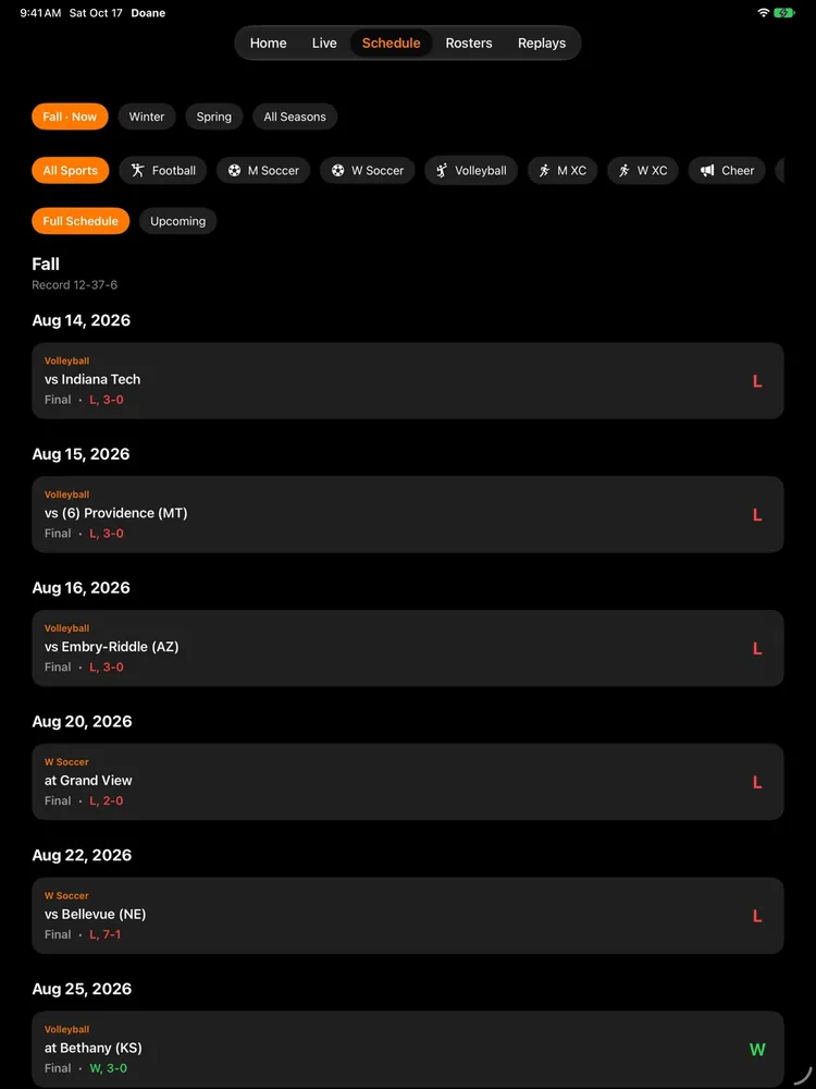iPad Schedule tab: sport and season filters above fall results with dates and scores.