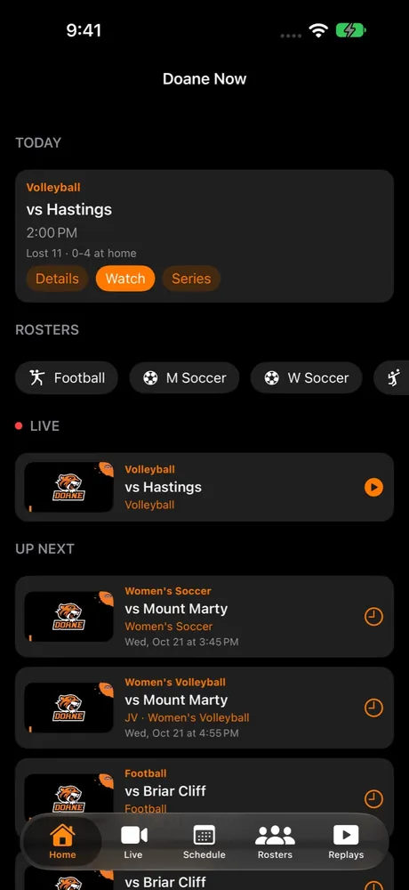 Doane Athletics on iPhone, showing today’s game, the live broadcast, and games up next.