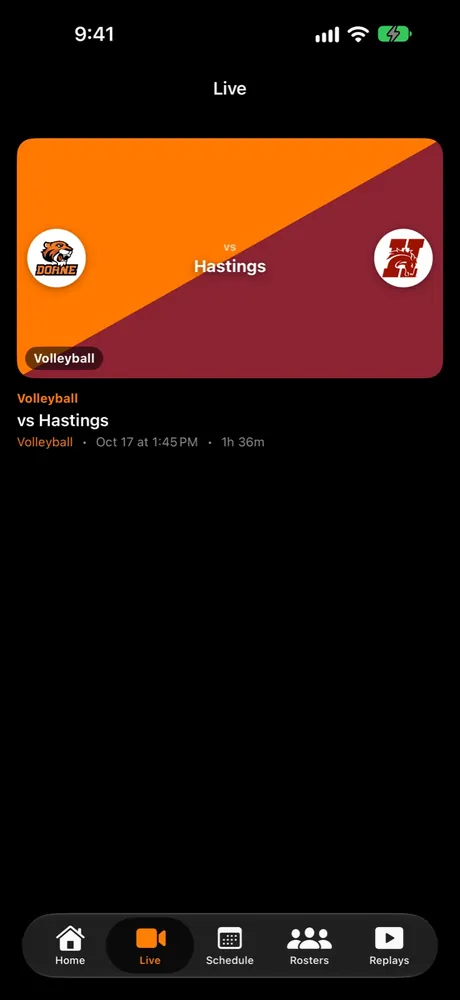 iPhone Live tab: a live volleyball broadcast against Hastings, with its start time and running length.