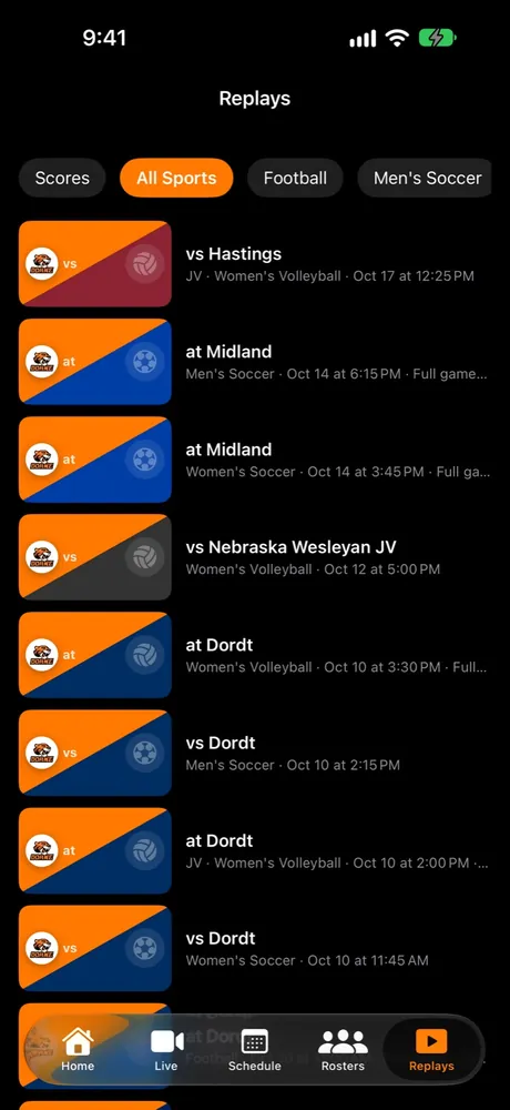 iPhone Replays tab: a list of recent broadcasts across sports, newest first.