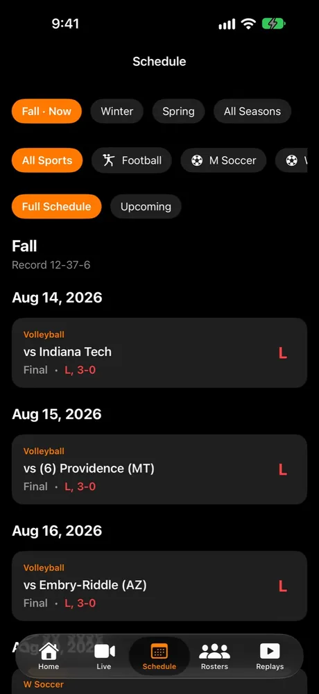 iPhone Schedule tab: fall season record above game-by-game results with dates and scores.