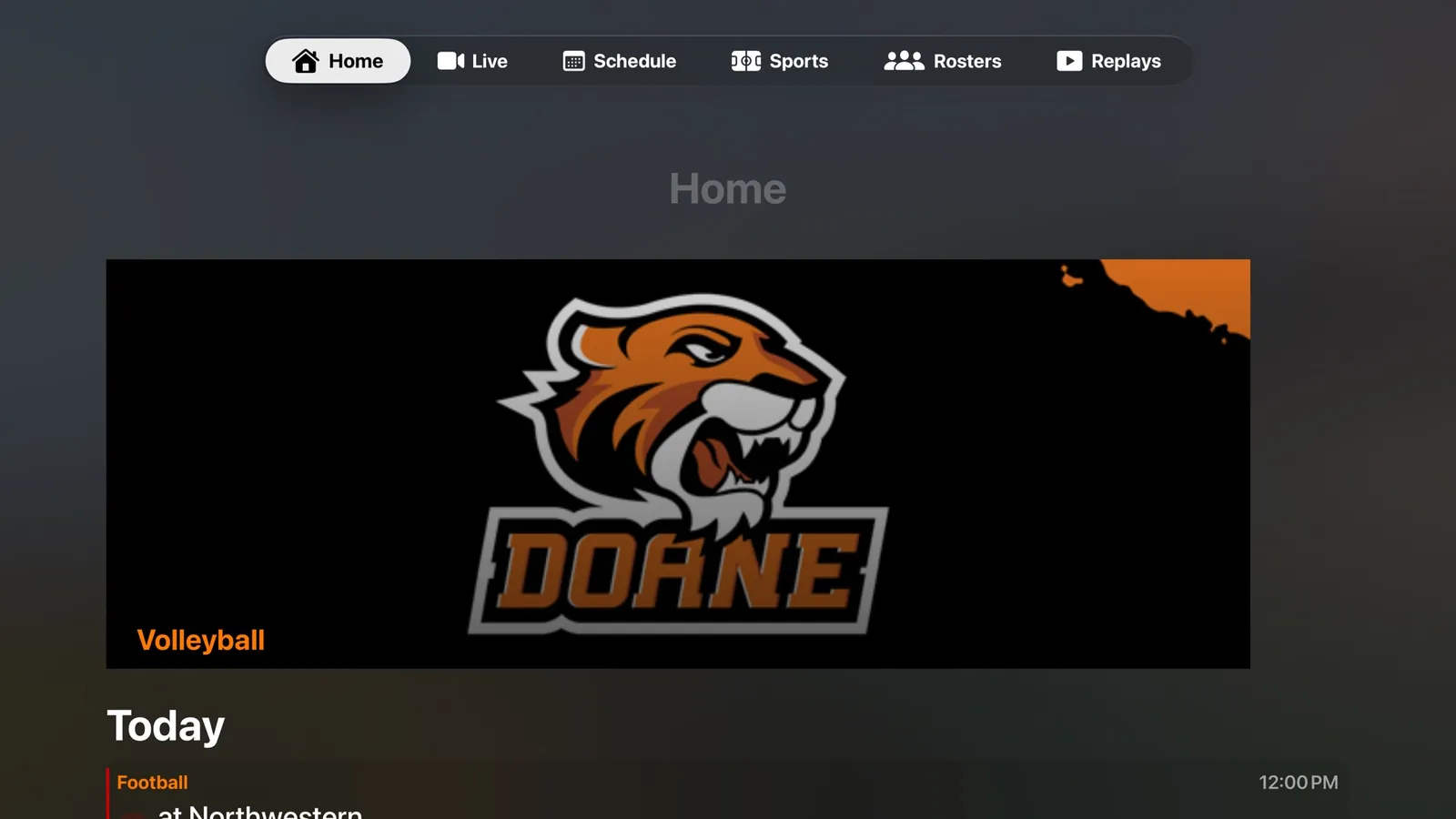 Apple TV Home tab: a featured volleyball broadcast under the Doane tiger logo, with today’s games listed below and tabs for Live, Schedule, Sports, Rosters, and Replays across the top.