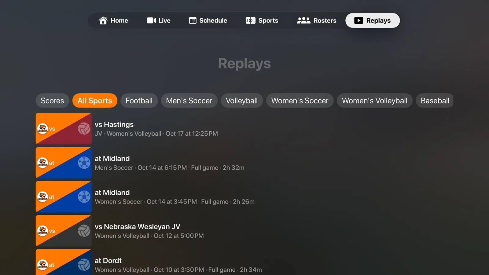 Apple TV Replays tab: sport filters above rows of recent broadcasts with opponent, sport, and date.