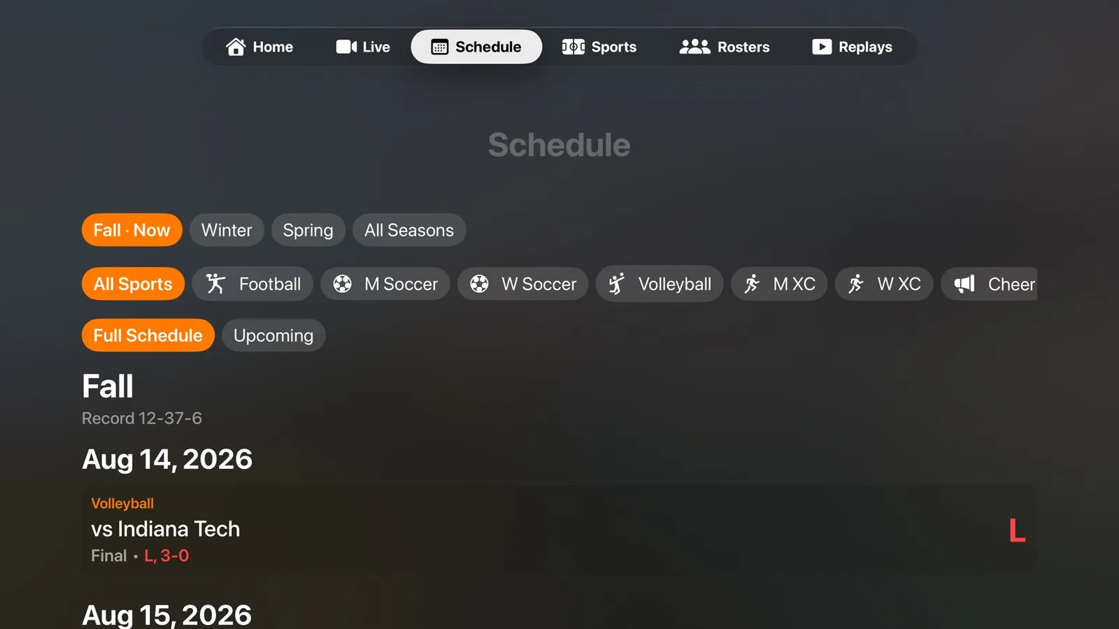Apple TV Schedule tab: season and sport filters above a list of fall games with dates, opponents, and final scores.