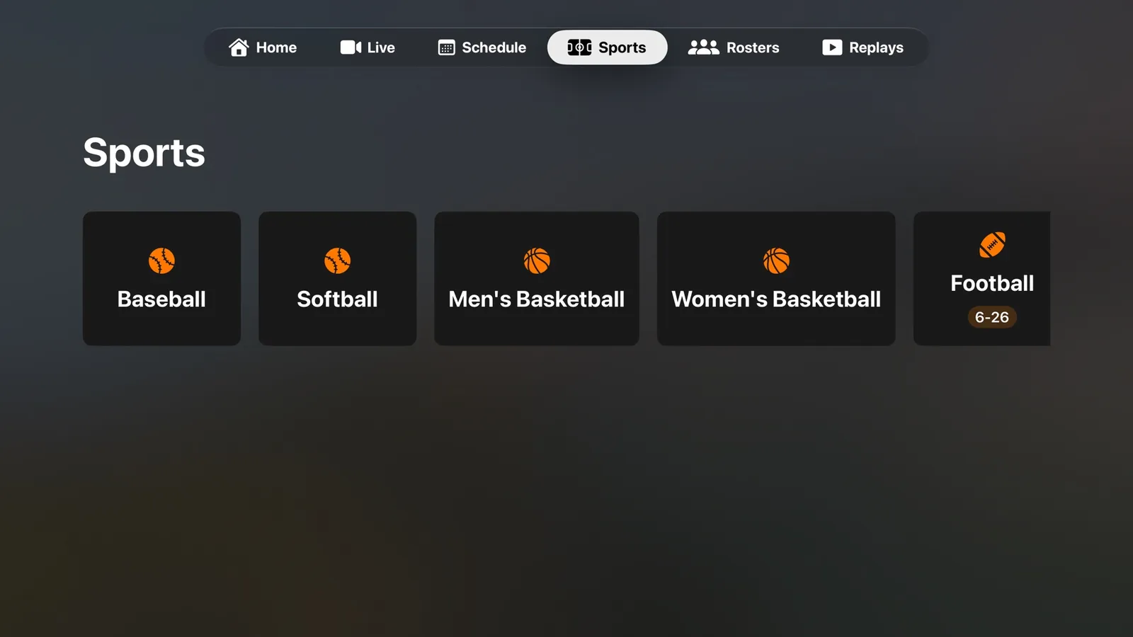 Apple TV Sports tab: a row of tiles for baseball, softball, men’s and women’s basketball, and football.