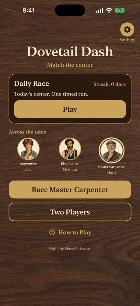 Title screen on iPhone: the Dovetail Dash sign over dark walnut, the Daily Race card with its streak and Play button, the three carpenters across the table, and Race Master Carpenter, Two Players, and How to Play below.