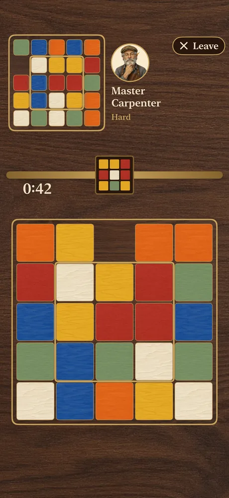 Dovetail Dash solo race with the 3×3 target on the brass rail above a tray of painted tiles.