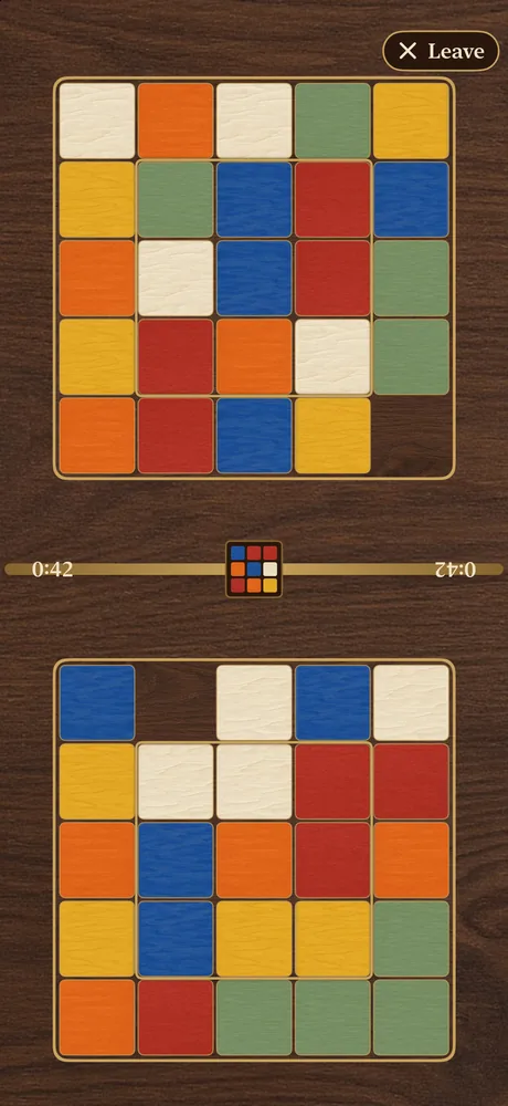 Two Players on one iPhone: a full tray at each end, with the shared target and both clocks on the brass rail between them.