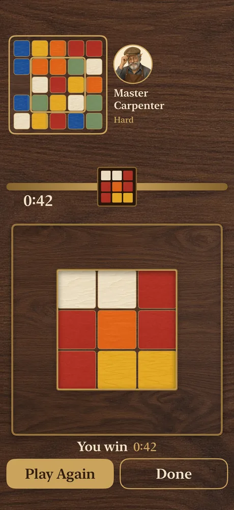 A solo win on iPhone: the center 3×3 of the tray matches the target, with You win, the time, and Play Again and Done buttons.