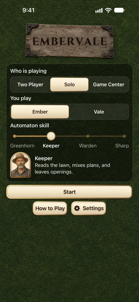 New match setup on iPhone under the burned wooden title sign: choose Two Player, Solo, or Game Center, pick Ember or Vale, and set the automaton skill from Greenhorn to Sharp, with Keeper’s portrait shown.
