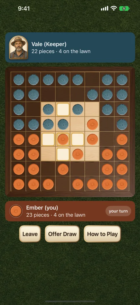 Embervale match in progress with Ember and Vale pieces moving onto the lawn.