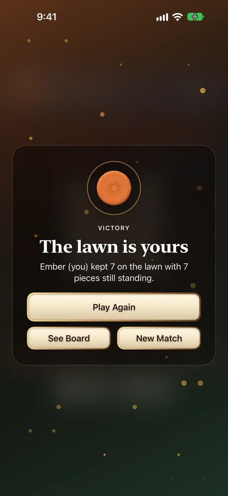 Victory card on iPhone reading The lawn is yours, with Play Again, See Board, and New Match buttons.