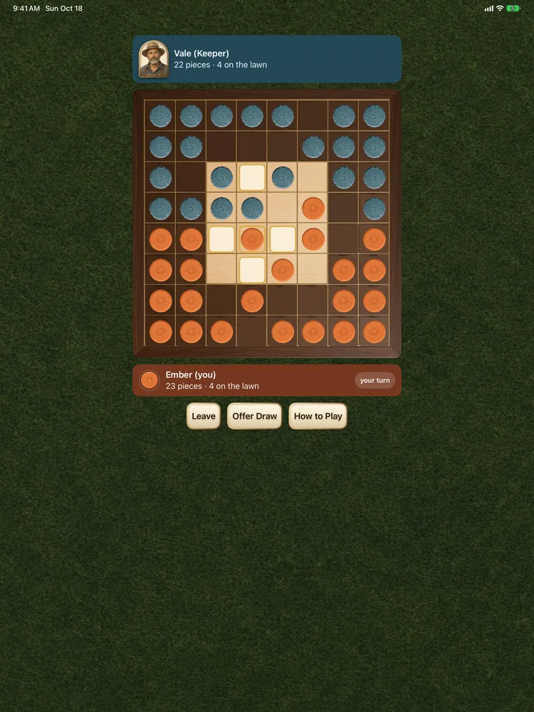 The full eight by eight field on iPad in the middle of a match, with Vale’s rail and Keeper’s portrait above the board, Ember’s rail below, and Leave, Offer Draw, and How to Play under it.