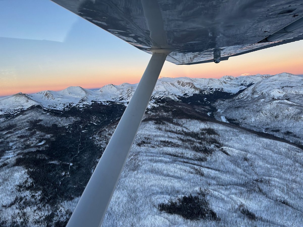 View under the wing of the snowy Colorado Rockies at sunrise