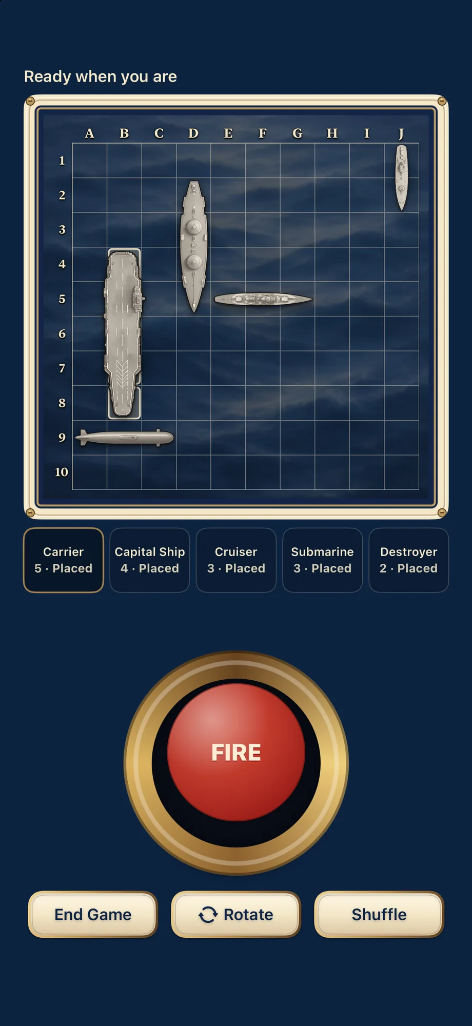 Placing the fleet: your five ships laid out on the grid, the fleet list below it, the red Fire button, and End Game, Rotate, and Shuffle buttons.