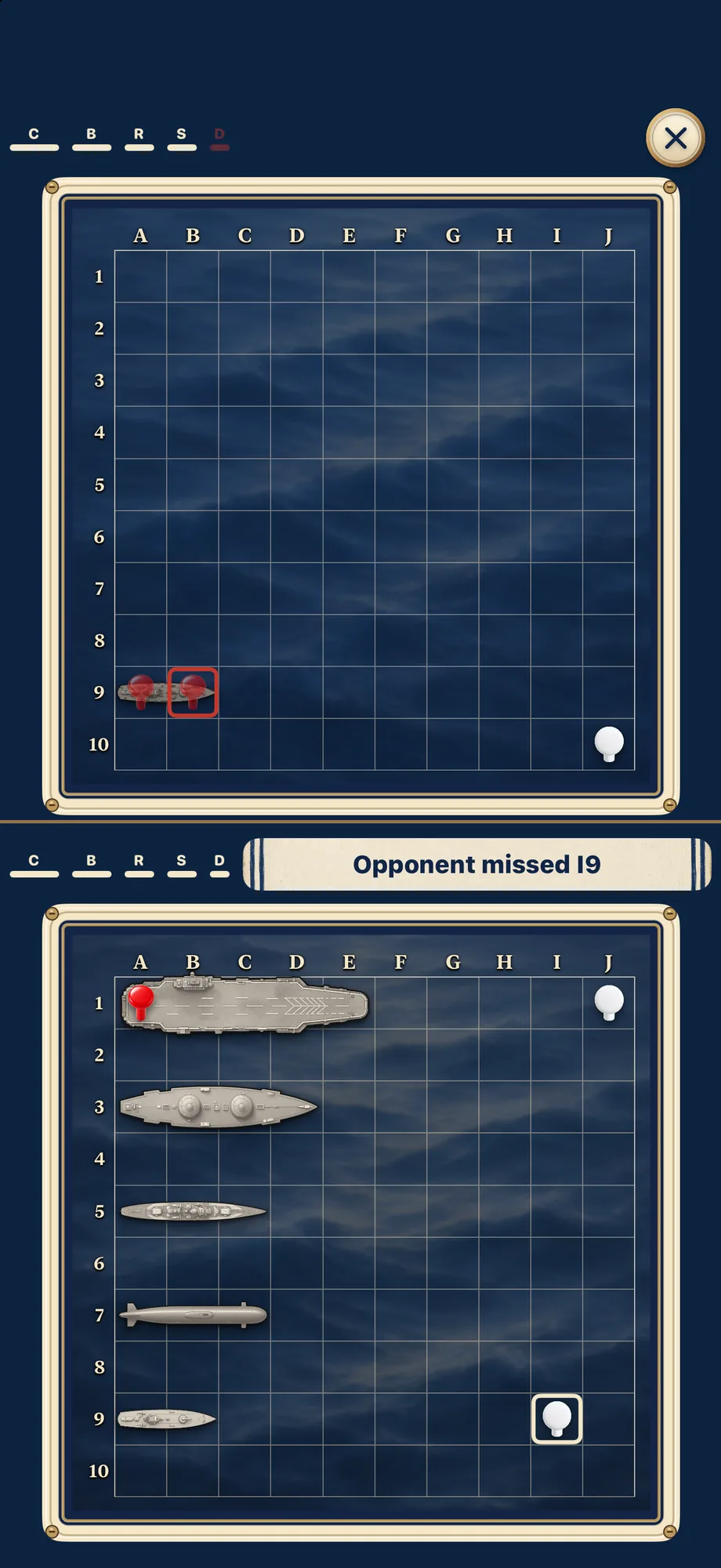 Mid-battle: red hit pegs on the enemy grid above, and an opponent miss marked with a white peg on your own grid below.