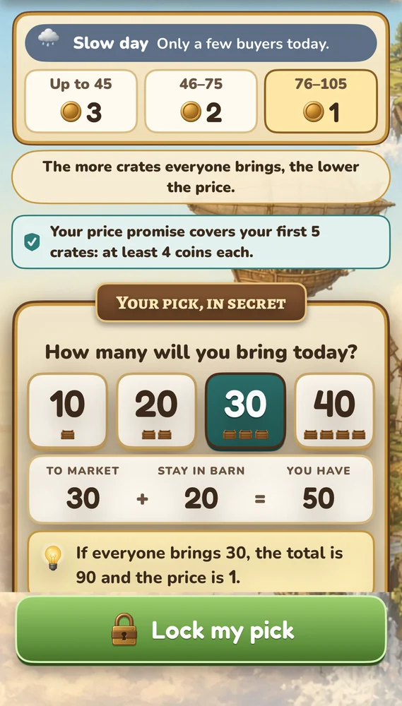 Picking in secret on iPhone: today’s price table for a slow day, then 10, 20, 30, or 40 crates, with what goes to market and what stays in the barn.